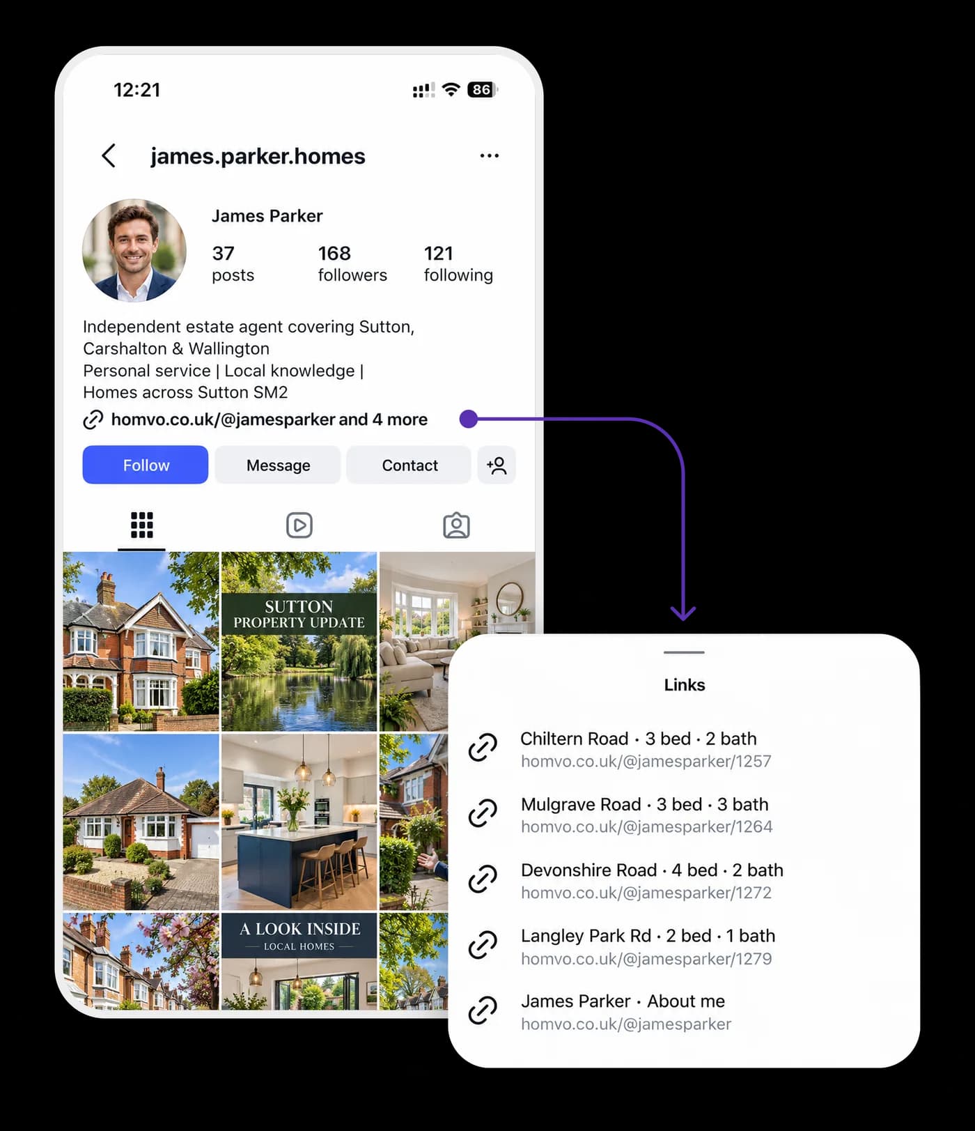 ListingLink Instagram property video directly connected to homvo property listing
