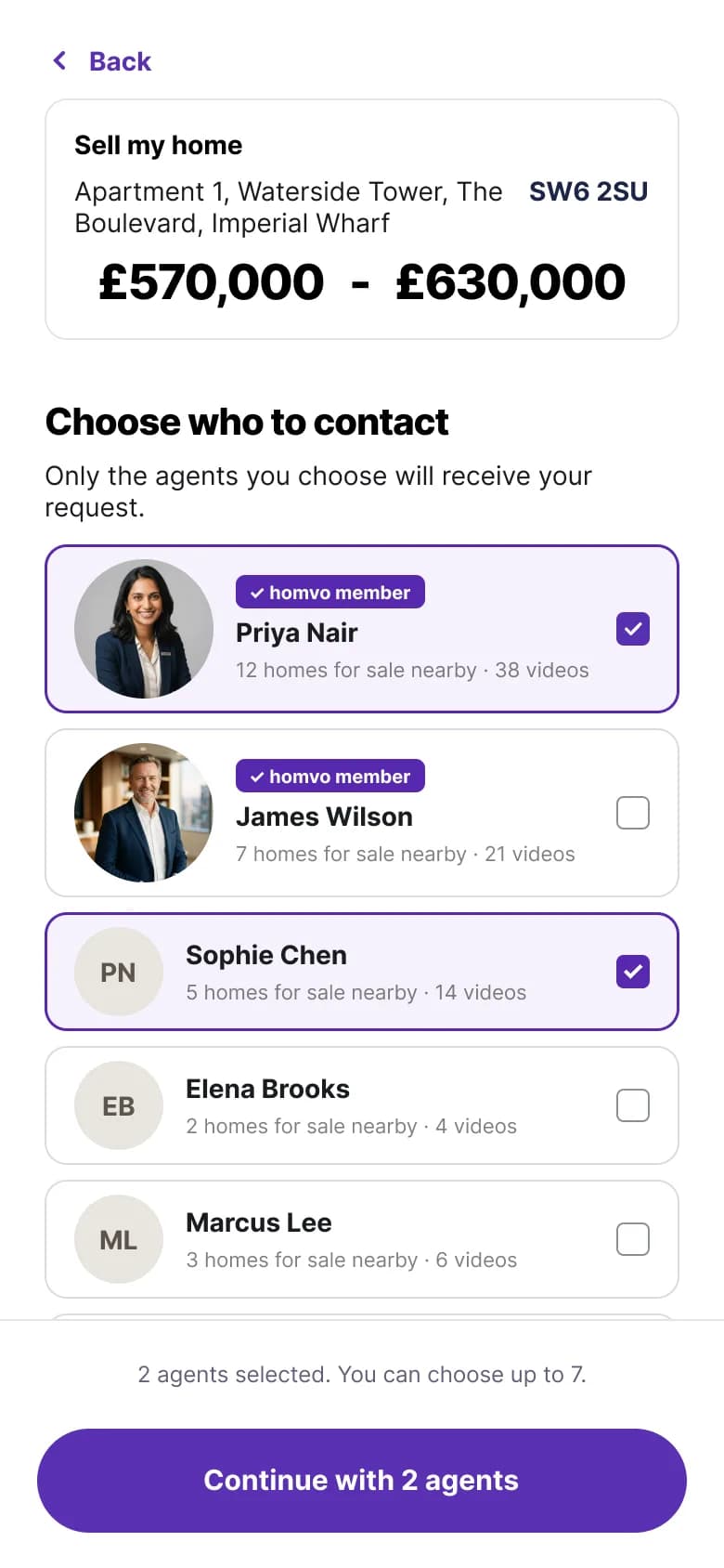 Choose who to contact: select the agents who will receive your request