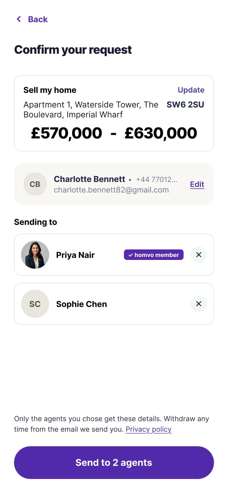 Confirm your request, review the recipients and send to your chosen agents