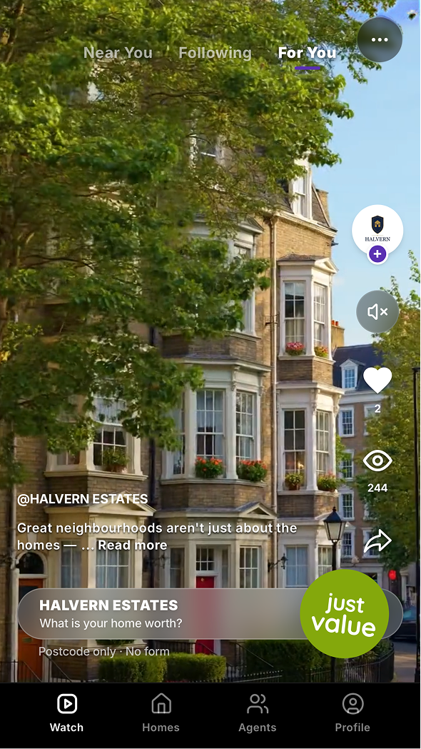 Homvo app screen showing an agent's local video feed