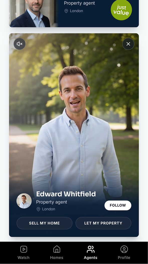 Homvo app screen showing an agent profile with Sell my home and Let my property actions